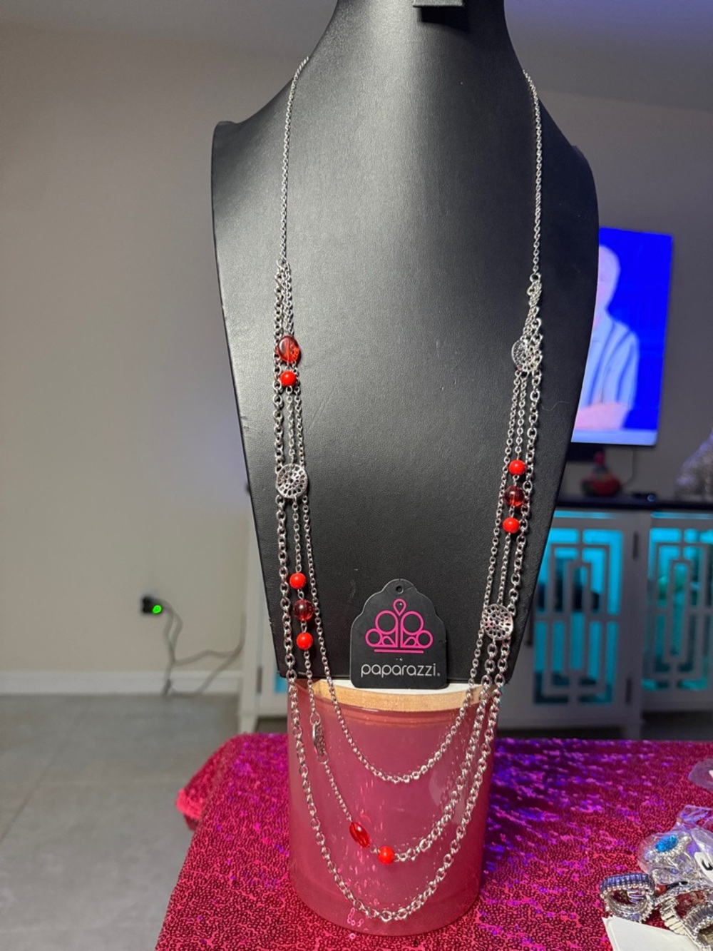 Paparazzi Silver and Red Layered Chain Necklace